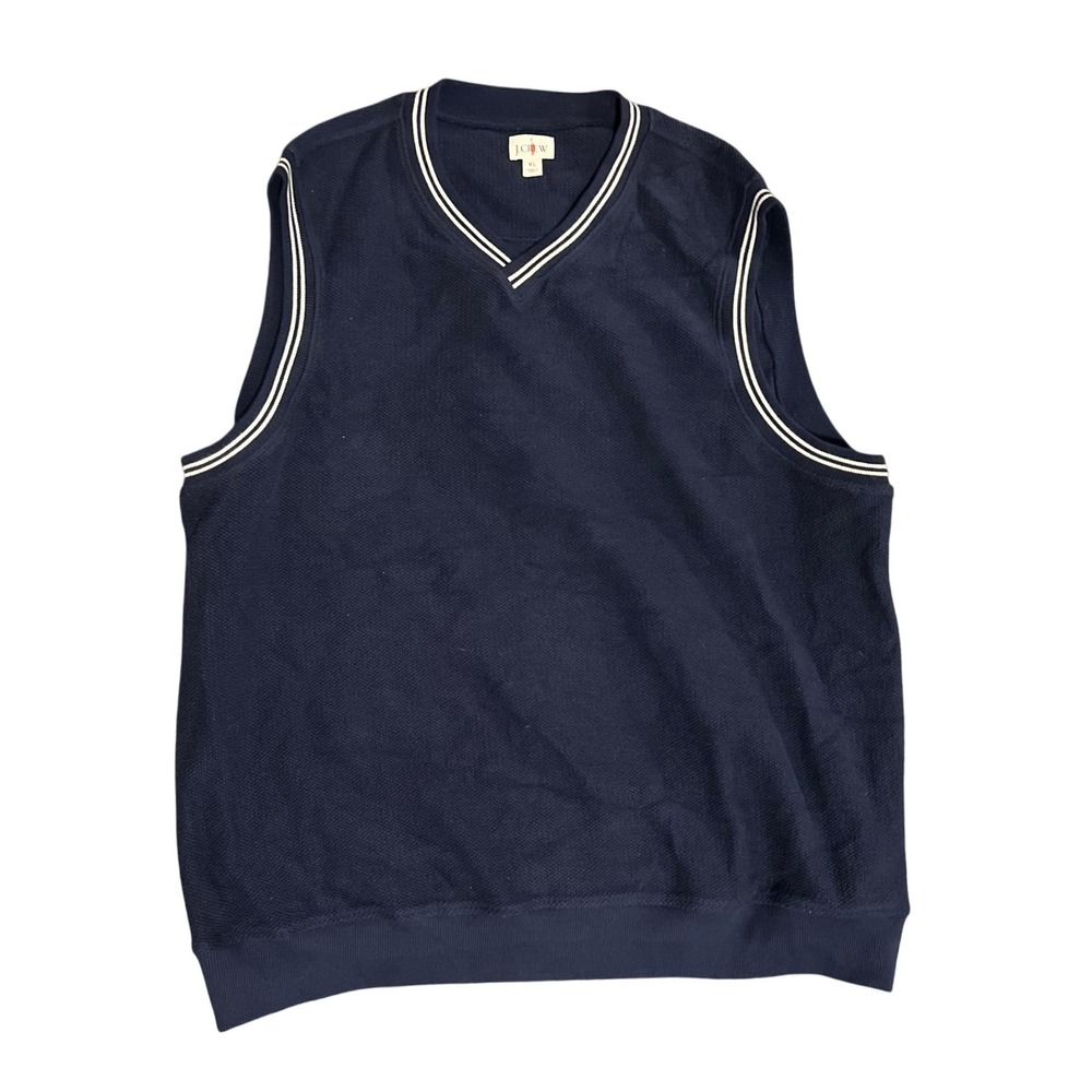 J Crew Men's Navy Blue V-Neck Vest XL Ribbed Trim Cotton Casual Sweater‎